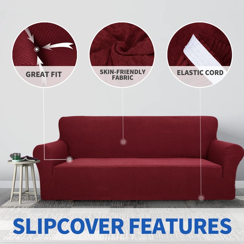 ZNSAYOTX 1 Piece Jacquard Couch Covers for 3 Cushion Couch Living Room High Stretch Sofa Cover Pets Dogs Friendly Anti Slip Thickened Slipcovers Furniture Protector (Sofa, Wine Red) - Image 3